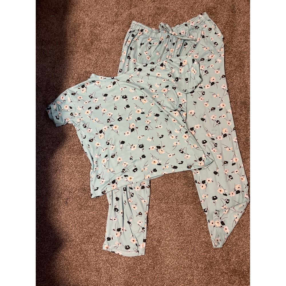 Light Blue Floral Pajama Set Women's Sleepwear Top Pants Loungewear